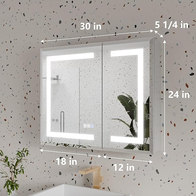 GroGro LED Lighted Bathroom Medicine Cabinet with Mirror, 30" W x 24" H Beveled Edge Medicine Cabinet with Lights,Surface or Recessed Mounting,Defog,Dimming,3-Color Temperature Adjustment