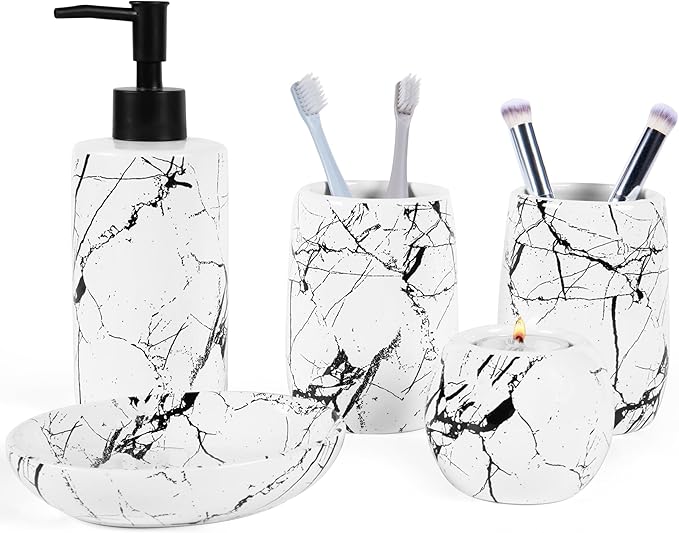 Ceramic Bathroom Accessory Set, 5-Piece Bathroom Accessory Set, Soap Dish, Toothbrush Holder, Soap Dispenser, Bathroom Tumbler & Candle Holder - Modern Bathroom Organizer, (White & Black)