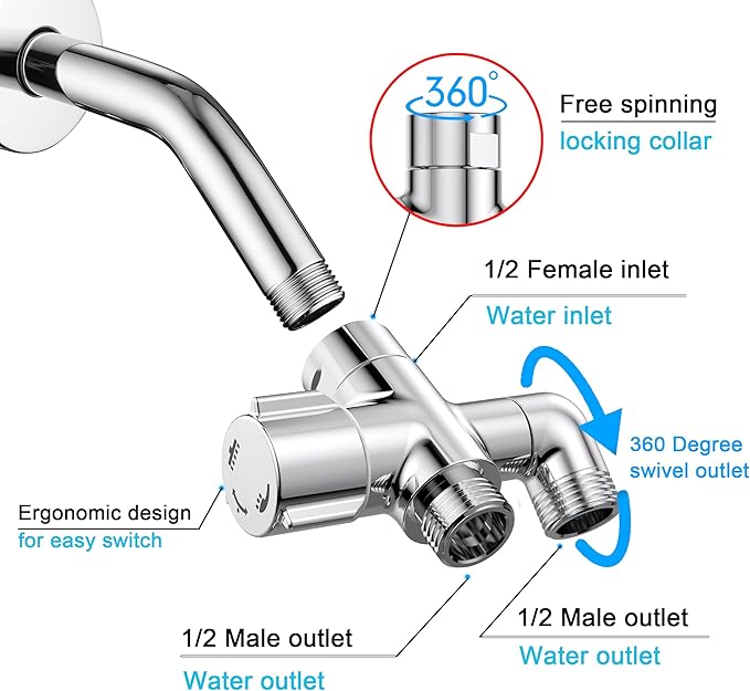 Solid Brass 3 Way Shower Arm Diverter Valve for Handheld Shower Head and Fixed Spray Head, G1/2 Universal Bathroom System Component Replacement Part (Chrome Finish)