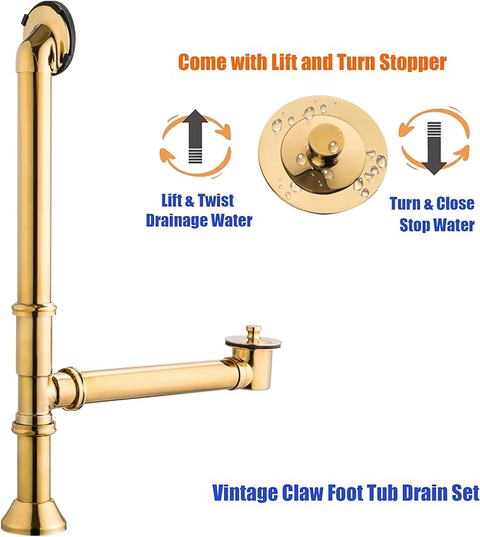 Artiwell Vintage Claw Foot Tub Drain Kit with Lift and Turn Bath Drain Stopper, 1-1/2" Brass Tubular Leg Tub Bathtub Waste and Overflow Drain Assembly with Drain Plug and Bathtub Overflow Cover