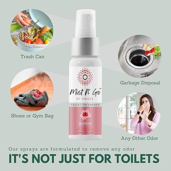 Mist N’ Go by Omaze Travel Bathroom Spray for Toilet Spray Odor Eliminator - Travel Toilet Spray for Bathroom Air Freshener Spray for Bathroom Deodorizer - Blossom Regular Size (2oz x1)