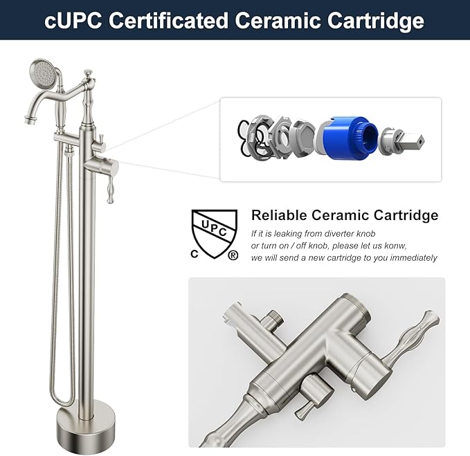 Brushed Nickel Bathtub Faucet Freestanding Tub Filler High Pressure Single Handle Bathtub Filler Floor Mounted Brass Bathroom Tub Faucets with Handheld Shower