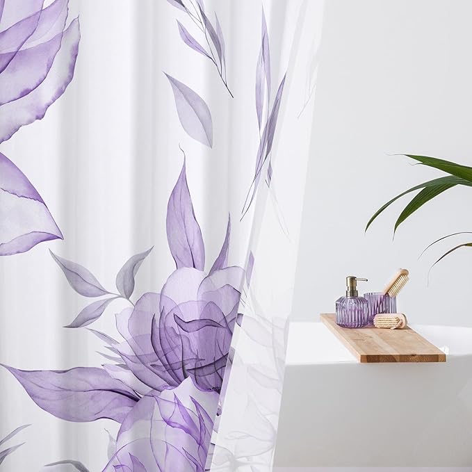 Long Boho Watercolor Floral Shower Curtain 72 x 78, Purple and Grey Ink Painting Style Flower Shower Curtains for Chic Elegant Bathroom, Artistic 78 Inch Long Fabric Shower Curtain