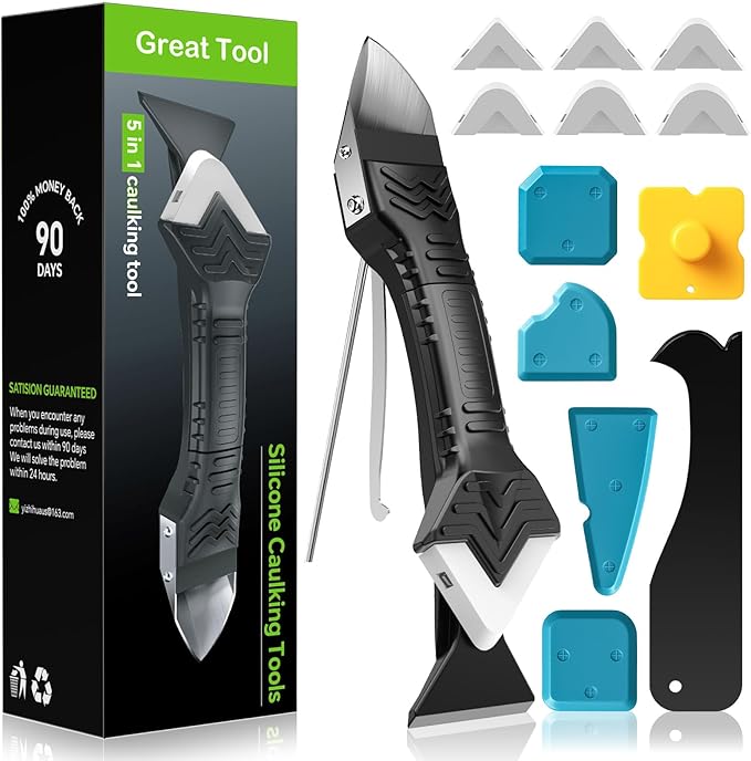 Silicone Caulking Tool, 5 in 1 Caulking Sealant Finishing Tool with Grout Scraper, 6 Exchange Silicone Pads, Adhesive Residue Scraper Seam Repair Kit for Kitchen Bathroom (White)