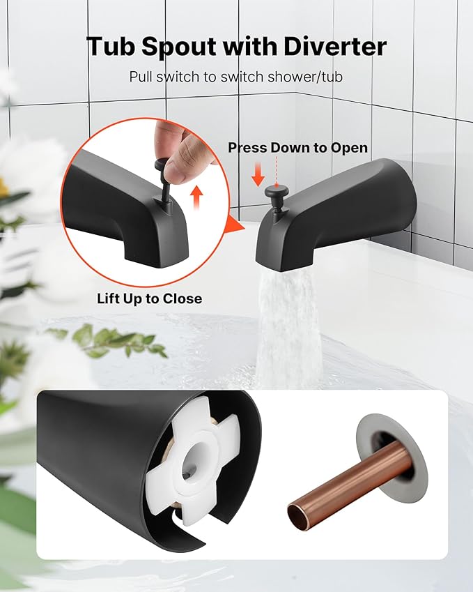 VEVOR Tub and Shower Faucet Set, Complete with 5.1-Inch Rainfall Shower Head and Bathtub Spout, 5-Setting Adjustable Spray, Single-Handle Tub Trim Kit with Brass Pressure Balancing Valve, Matte Black
