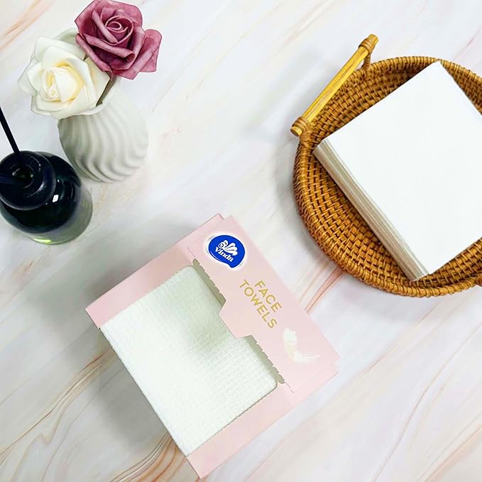 Vinda Face Towels, Disposable, XL facial towels, 50 Count - Thick 100% Rayon Fabric Dry Wipes for Sensitive Skin & Makeup Removal