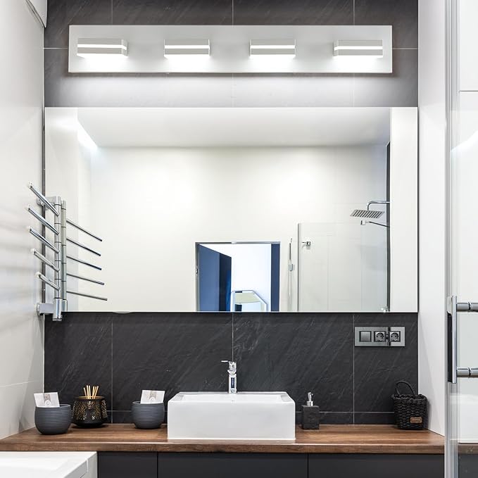 SineRise LED Modern Bathroom Vanity Light Fixtures (4-Light, 30-Inch), Matte White Modern Acrylic Bathroom Wall Lighting Fixtures Over Mirror (Cool White 6000K)