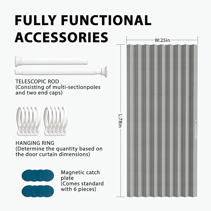 Accordion Door Curtain Set - 100% Blackout, with Curtain Rod Included, for Bedroom Privacy Protection (Grey-43 W x 78" L+Rod)
