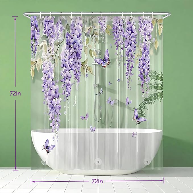 Clear Purple Floral Lavender Butterfly Shower Curtain, Plastic Transparent Cute Pretty Flower Decorative Aesthetic Shower Curtains for Bathroom, 72x72 Weighted Magnetic Shower Curtain Liner with Hooks