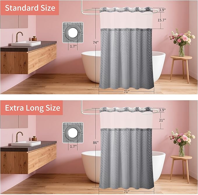 Hookless Shower Curtain with Snap in Liner 71" x 74" Double-Layer Waterproof Polyester Shower Curtain for Bathroom or Hotel Use,Removable Liner,Magnetic Hem,Large Rings,Machine Washable,Grey