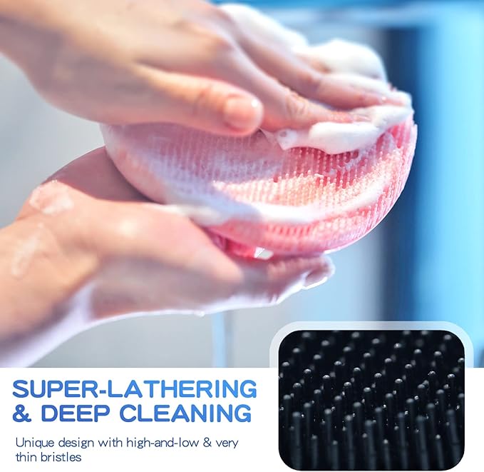 Manmihealth 4 Pack Soft Silicone Shower Brush, Super-Lathering and Deep-Cleaning Body & Face Scrubber, Gentle Exfoliating Bath Glove for All Skin Types, with Free Hooks (Black+Pink)*2