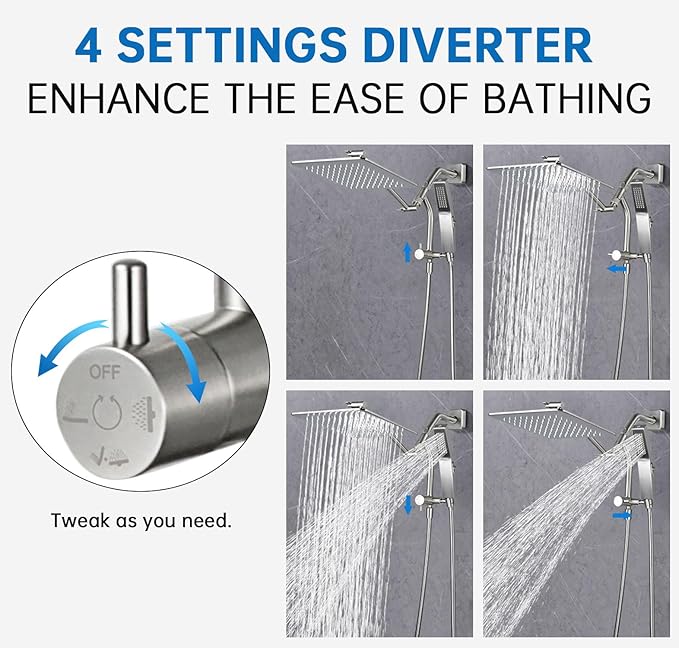 G-Promise Metal Shower Diverter with Low Handheld Holder, 3-Way Diverter Valve with Pause Mode for Handheld and Fixed Shower Head, 4-Settings Universal Bathing System Replacement Part(Brushed Nickel)