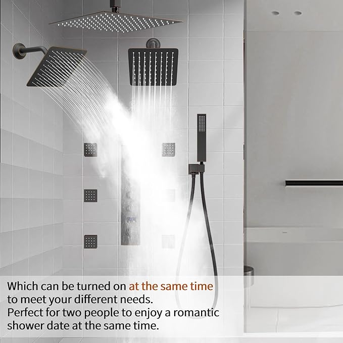 12"+8"+8" Triple Shower Heads Shower System Oil Rubbed Bronze Body Jets Shower Set with Handheld Sprayer and Temperature Display Valve,Full Body Shower System