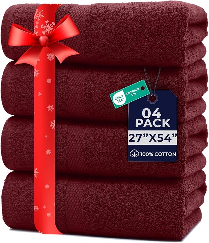 DAN RIVER Bath Towels Set of 4, 27 x 54 Inches, 100% Cotton, Larger & Lighter Weight, Quicker to Dry, Super Soft and Absorbent, Ideal Soft Bath Towels for Daily Use, Pomegrante