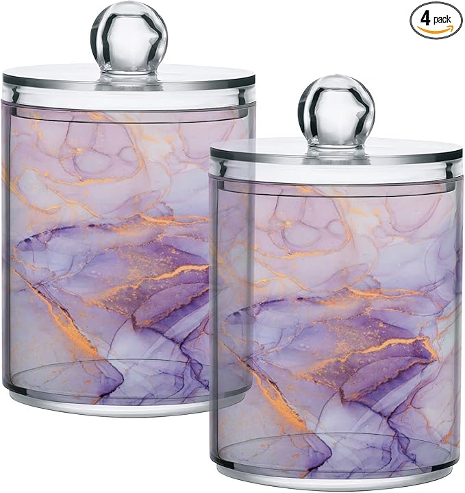 4 Pack Qtip Holder Organizer Dispenser Purple Transparent Waves Marble Bathroom Containers Bathroom Vanity Storage Canister Apothecary Jars for Cotton Swabs/Pads/Floss