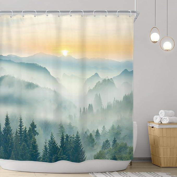 Riyidecor Extra Long Mountain Shower Curtain 72Wx78H Inch Green Yellow Sunset Sunrise Misty Scenery Landscape Nature Woodland Greenery View Bathroom Decor Fabric Polyester Waterproof 12 Pack Hooks