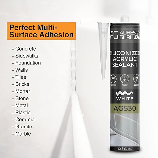 Adhesive Guru AG530 Siliconized Acrylic Sealant (10.5 fl oz), Waterproof Paintable Caulk for Bathtubs, Windows, Showers, Indoor Outdoor Caulking Weatherproof, White - 1 Pack