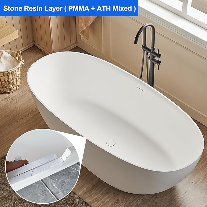 Cpingao 63" Solid Surface Freestanding Bathtub, Modern Oval Shape Soaking Tub, Stone Resin Stand Alone Bathtub with Drain & Integrated Slotted Overflow Matte White 8845-1600