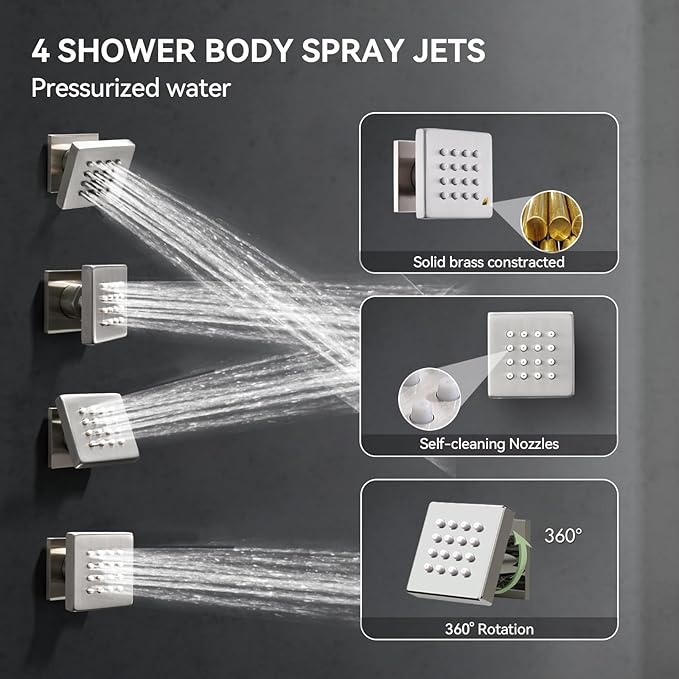 Shower Systems Brushed Nickel Shower Faucet Sets,Bostingner 4 Modes 10+6" Double Rain Shower Head with 2 in 1 Handheld Spray and 4Pcs Body Jets,Shower Set with Diverter and Trim Kit Complete