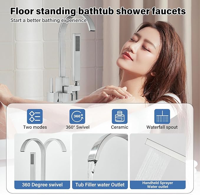Freestanding Tub Filler, Floor Mount Bathtub Faucet with Hand Shower, High Flow 360° Swivel Spout Shower System for Bathtub, Brushed Nickel