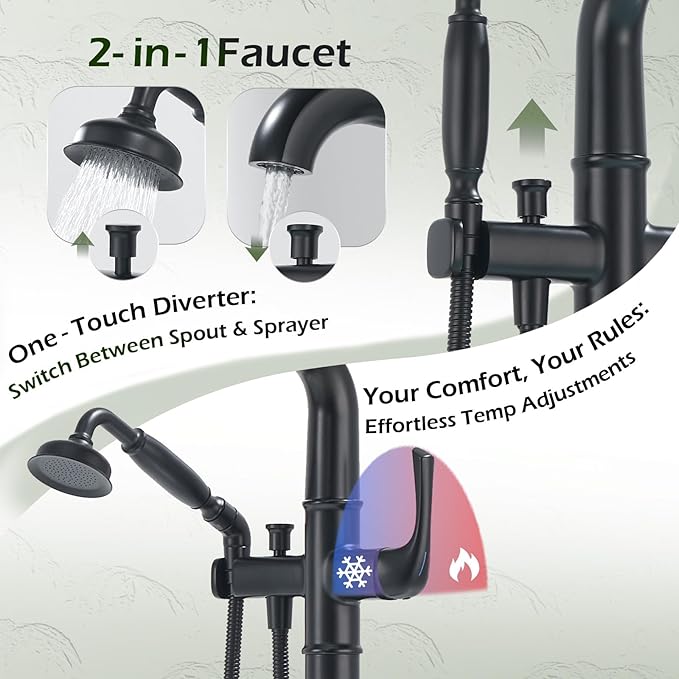 Luxury Free Standing Tub Faucet, Classic Brass Freestanding Bathtub Faucet, Lexdale Bathroom Floor Mount Tub Filler with handheld Sprayer Supply Lines Included Matte Black (LD8911-BK)