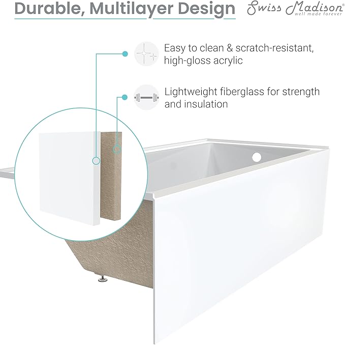 Swiss Madison Well Made Forever SM-AB540 Voltaire Alcove Tub with Armrest 60" x 30" in Glossy White
