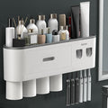 No-Drill Wall Mounted Toothbrush Holder, Bathroom Shelf, with Automatic Toothpaste Dispensers 6 Brush Hooks Magnetic Cups 1 Cosmetic Drawer Organizer and Large Storage (2 Dispensers 4 Cups)