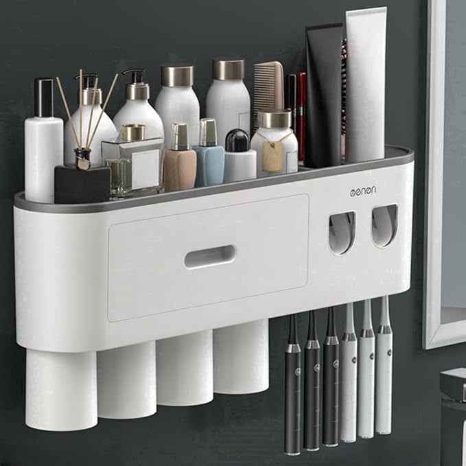 No-Drill Wall Mounted Toothbrush Holder, Bathroom Shelf, with Automatic Toothpaste Dispensers 6 Brush Hooks Magnetic Cups 1 Cosmetic Drawer Organizer and Large Storage (2 Dispensers 4 Cups)