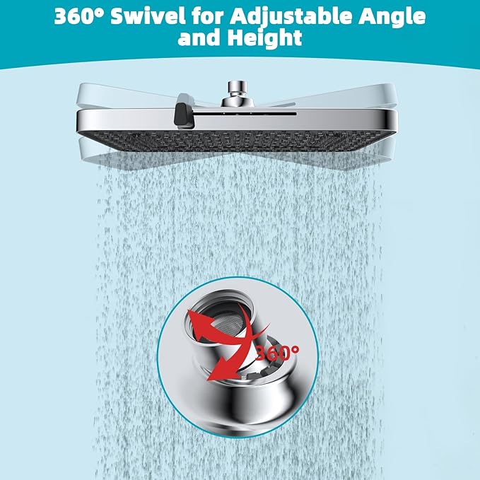 Hibbent 5 Spray Modes Shower Head, 13'' High Pressure Rain Shower Head, Large Rainfall Showerhead for Bathroom, High Flow Waterfall Fixed Showerheads with Adjustable Swivel Ball Joint, Chrome