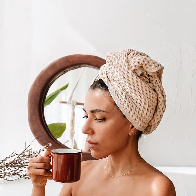 sea me at home Waffle Bath Towel 100% Turkish Cotton - Large Bath Towel (34x67 Inches) Luxurious Spa Towel for Bath, Beach, or Pool Time (Beige)