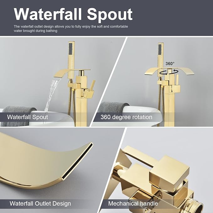 Senlesen Bathroom Tub Filler Faucet Floor Mounted Bathtub Shower Faucet Waterfall Spout Free Standing Tub Mixer Tap with Handheld Sprayer Gold Polished