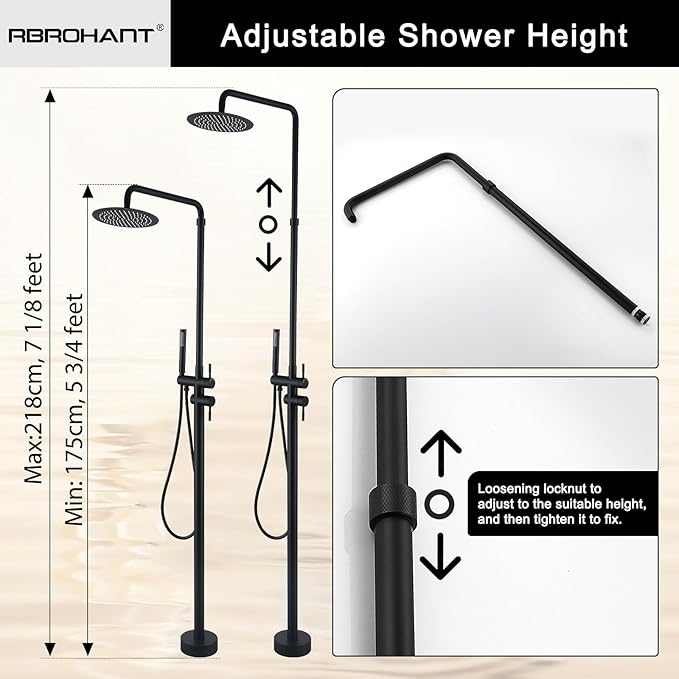 RBROHANT Freestanding Outdoor Shower Black, Height Adjustable Outside Showers for Backyard Garden Pool Beach, Outdoor Shower Fixtures with 10” Rain Shower Head and Handheld, Matte Black, JK0316