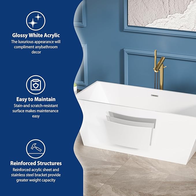 Sarlai 67 Inch Acrylic Freestanding Soaking Bathtub Contemporary Soaking White Tub Stand Alone Ergonomic Bathtub with Chrome Overflow and Drain