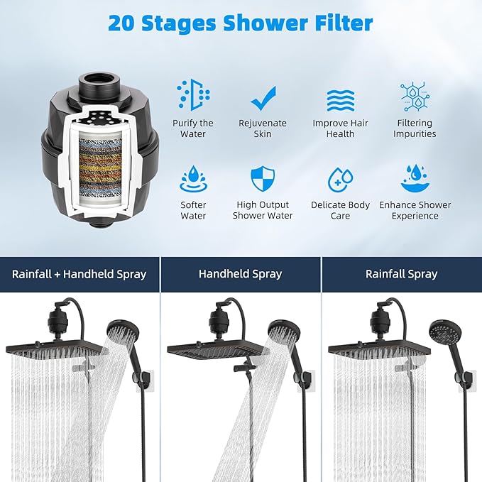Hibbent 5-spray 13'' Dual Filtered Rainfall Shower Head Combo, High Pressure 10-setting Handheld Shower Head with 12'' Adjustable Extension Arm, 20 Stage Shower Filter, 71'' Hose, Oil Rubbed Bronze