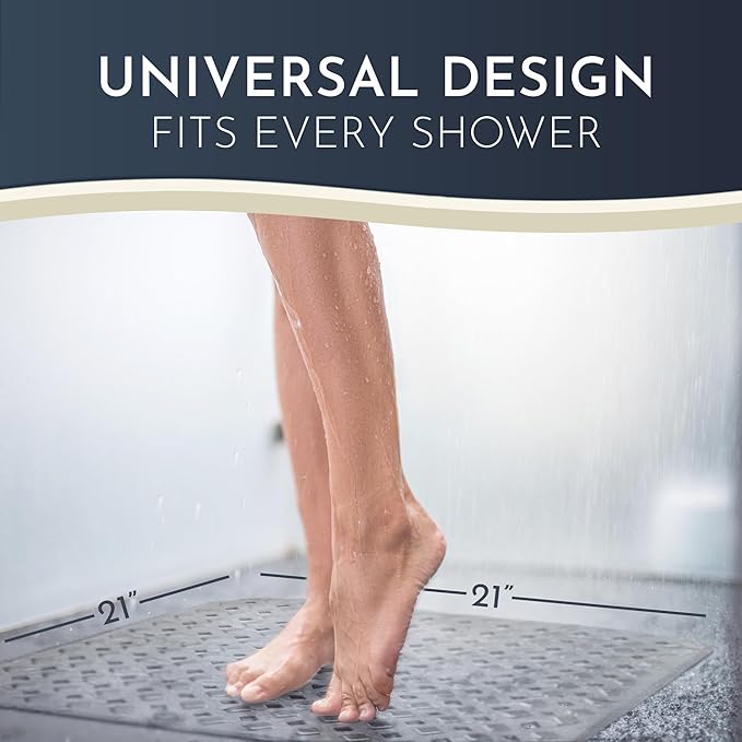 homerella® Shower Mat Non Slip Anti Mold, Non Slip Shower Mats for Inside Shower Stall Anti Slip Mat, Square Shower Floor Mat 21 x 21 in with Suction Cups & Hooks for Quick Drying, Machine Washable