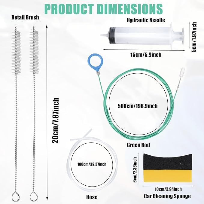 6pcs Auto Sunroof Drain Cleaning Tool, Include 5m/196.9in Long Tube Cleaner, Sponge, Syringe, Hose & Cleaning Brushes, Soft Pipe Cleaners for Car Wiper Sunroof Trunk Drains Hole