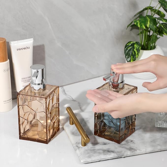 Hand Soap Dispenser, Clear Acrylic Plastic Liquid Pump Bottles Refillable Lotion Dispenser for Bathroom Decor Kitchen College Dorm, Light Brown 2 Pack