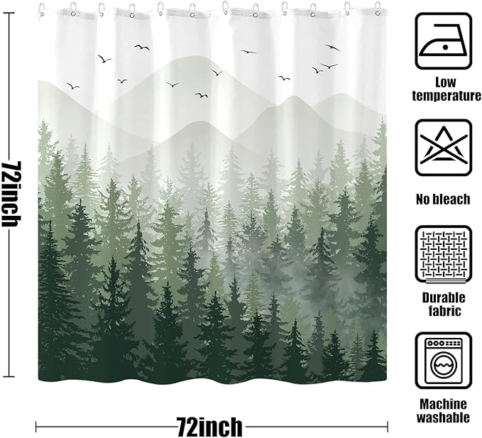Aipon Green Misty Forest Shower Curtain Ombre Nature Tree Plants Shower Curtains Fabric Waterproof Mountain Shower Curtain Sets for Bathroom Bath Decor with 12 Hooks (Green, 72'' × 72'')