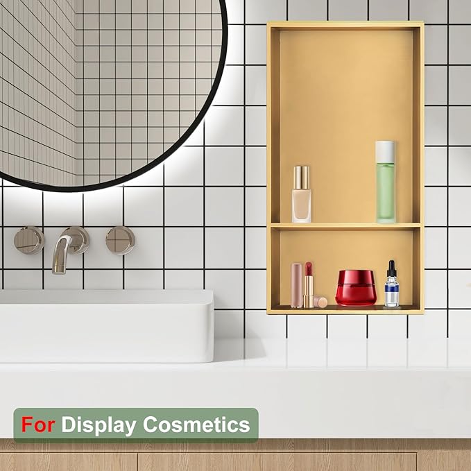 Shower Niche,12 * 24 Stainless Steel Elegant Bathroom Niche, No Tile Needed Recessed Shower Shelf Organizer for Storage,Gold