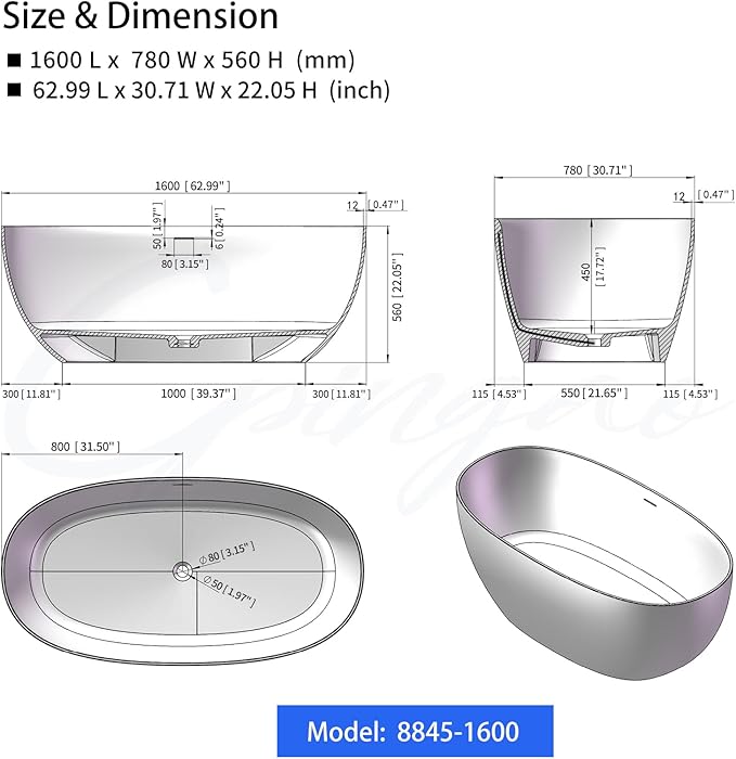 Cpingao 63" Solid Surface Freestanding Bathtub, Modern Oval Shape Soaking Tub, Stone Resin Stand Alone Bathtub with Drain & Integrated Slotted Overflow Matte White 8845-1600
