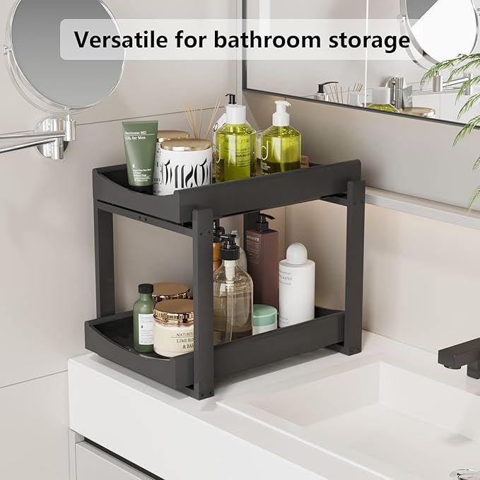 Bamboo Under Sink Organizer Adjustable Height 2 Tier Bathroom Organizer Pull Out Cabinet Storage Kitchen Heave Duty Wood Slide Ou Shelf for Kitchen Bathroom (Black, 1 Pack)