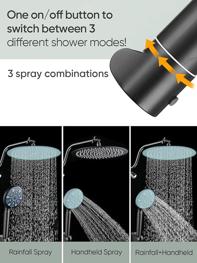 Cobbe 12 Inch All Metal Rain Shower Head, Dual Shower Heads with Handheld Spray Combo - Upgrade Extension Arm Height Adjustable - 9 Spray Filtered Shower Head, Black