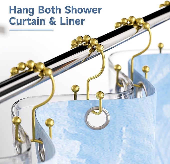 Titanker Gold Shower Curtain Hooks Rings, Rust-Resistant Metal Double Glide Shower Hooks Rings for Bathroom Shower Curtains Rods, Set of 12 Hooks - Light Gold