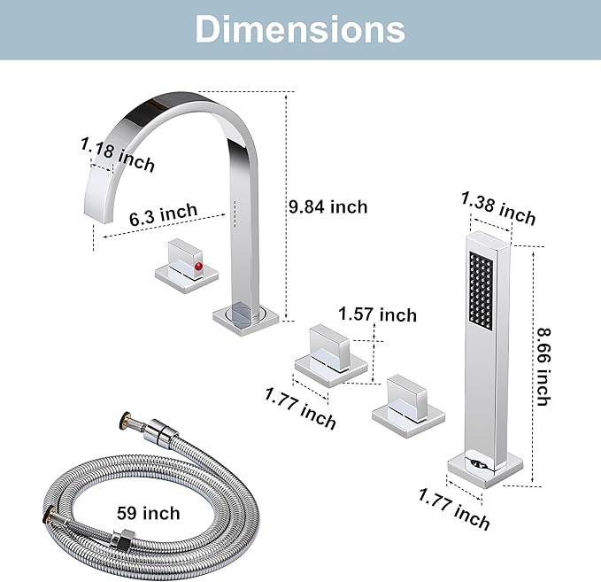 High Arc 5 Hole Roman Tub Filler with Handheld Showerhead Bathroom Widespread Waterfall Bathtub Faucet Set Deck Mounted, Chrome
