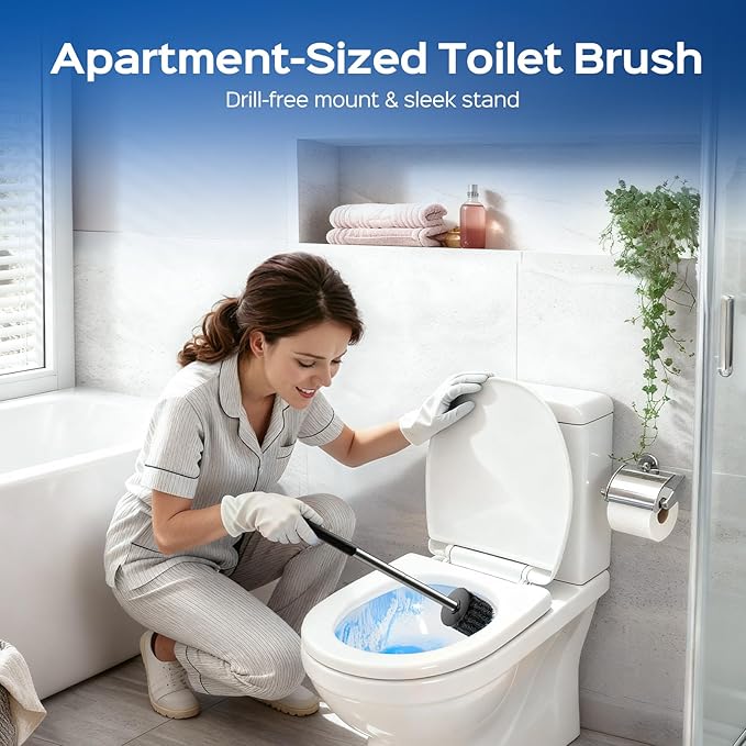 HAMITOR Toilet Bowl Brush Set: Stainless Steel Rustproof Bathroom Cleaning Accessories with Hidden Holder for Homemakers - Wall-Mounted Compact Toilet Scrubber Cleaner Kits for New Home & RV Silver