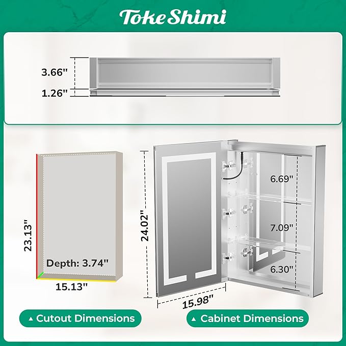 TokeShimi 16x24 Surface Mount or Recessed Medicine Cabinet with Lights 3 Colors Dimmable, Led Medicine Cabinet Mirror with Outlet and Defogger,2-Side Front Lit Bathroom Mirror with Storage