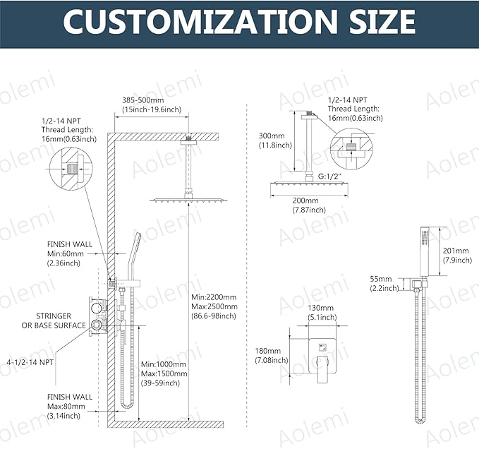 Aolemi Ceiling Mount Shower System Rain Shower Head with Handheld Spray High Pressure Shower Faucet Set Rough-in Valve Shower Trim Kit Included Bathroom Brushed Nickel 8 Inch Ceiling Shower Head