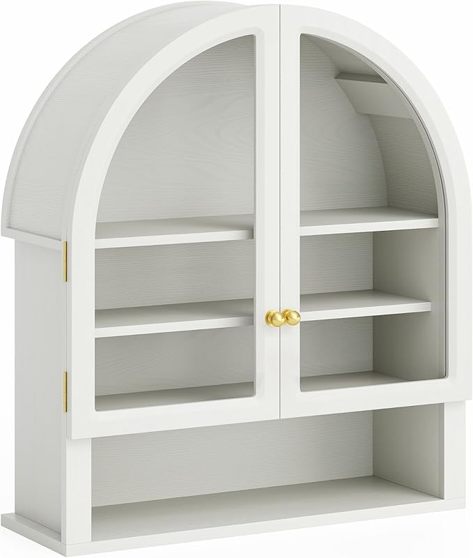 Arched Wall Cabinet with Acrylic Door, Large Wooden Wall Mounted Bathroom Cabinet, Modern Hanging Medicine Cabinet with Adjustable Shelf and Open Shelf, White