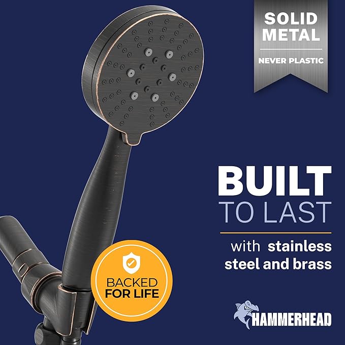 HammerHead Showers® Solid METAL 3-Spray Handheld Shower Head with Long Hose and Holder OIL RUBBED BRONZE - WIDE MASSAGE and MIST Sprays - 1.8 GPM Low Flow Handheld Showerhead -Water Saving Shower Head