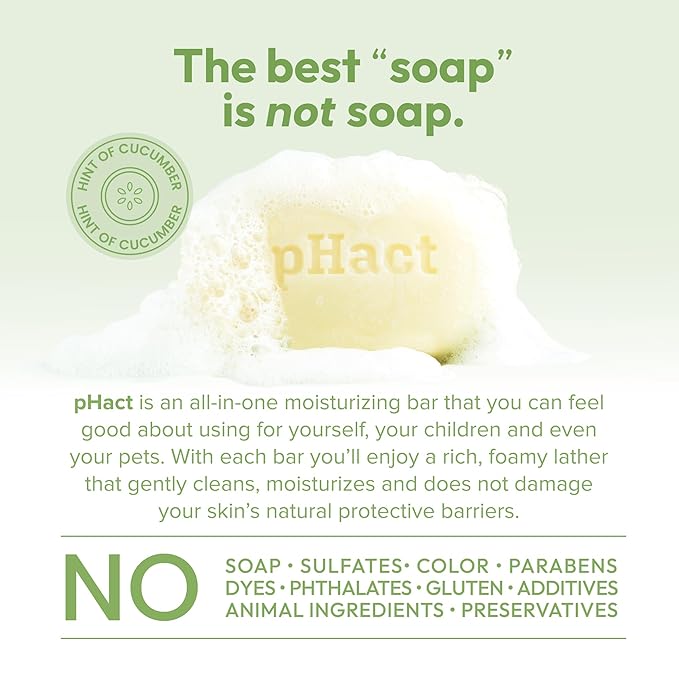 ANDREW LESSMAN pHact Moisture-Rich, Soap-Free Cleansing Bar Cucumber. Natural Skin pH. All Skin Types - Even Sensitive Skin. Hypoallergenic. Dermatologist Tested. 12 - Pack 4.25 oz each